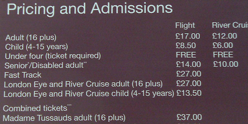 Admission fees at the London Eye observation wheel (Photo by TripNotice.com)