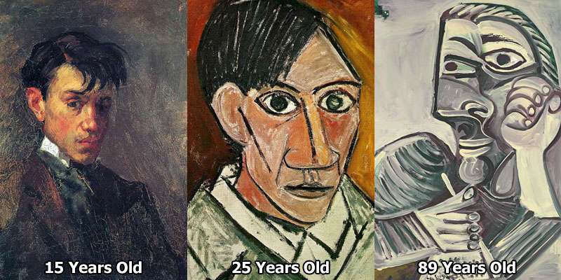 Pablo Picasso self-portraits at age 15 (1896), 25 (1907), and 89 (1971) (Photo collage courtesy of Twisted Sifter)