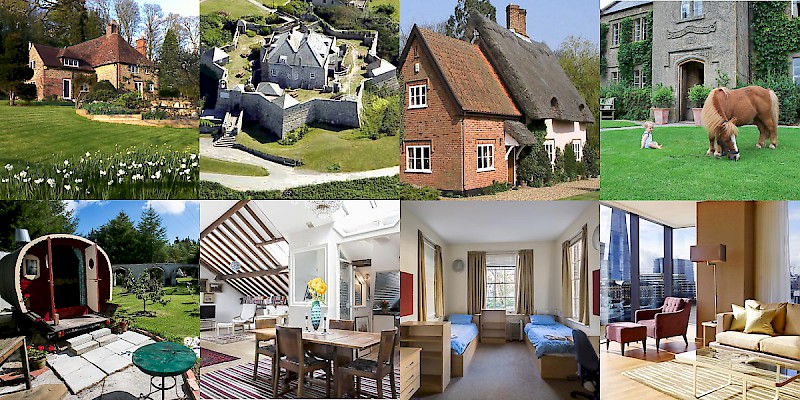Alternative accommodations in England (Photo collage by Reid Bramblett; TOP ROW: courtesy of Homeexchange.com, courtesy of Star Castle Hotel, courtesy of The Thatched Farm B&B, courtesy of Toghill House Farm; BOTTOM ROW: courtesy of WWOOF UK, courtesy of Booking.com, courtesy of LSE Passfield Ha)