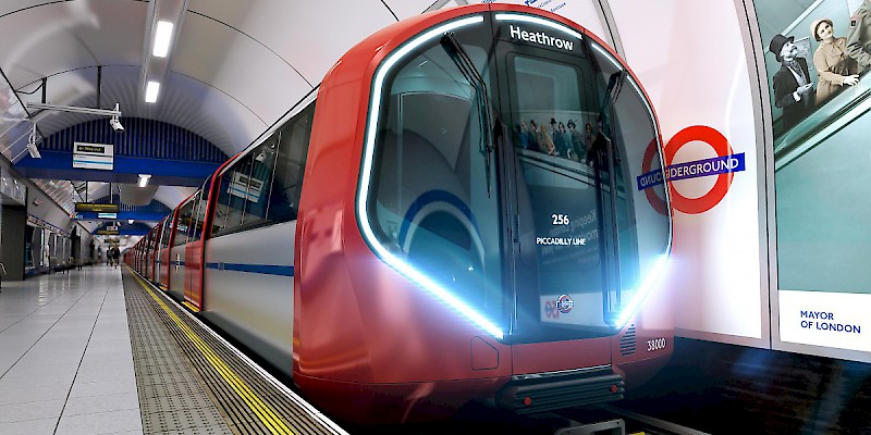 One of the newest Underground trains on the Piccadilly line headed toward Heathrow (Photo Â© Transport for London)