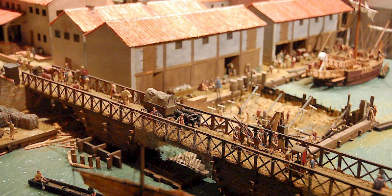A model of Roman-era London, circa AD 85â€“90, including the first bridge over the Thames (close to the current location of London Bridge) (Photo by Steven G. Johnson)