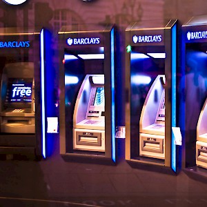 ATMs in a Barclays on London's Piccadilly Circus (Photo by Garry Knight)