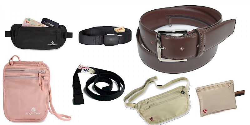 Different kinds of moneybelts (Photo collage by Reid Bramblett; images courtesy of vendors)