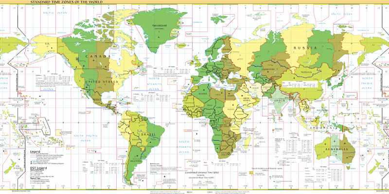 Global time zones (the red lines divide them) (Photo from CIA World Factbook)